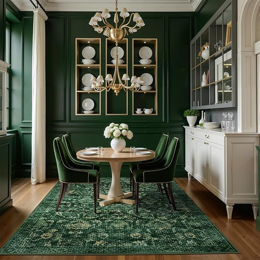 Dark Green Vintage Area Rug 4x6 for Living Room Bedroom, Washable Distressed Farmhouse Soft Thin Non-Shedding Indoor Throw Rug, Traditional Accent Carpet for Bedroom Office