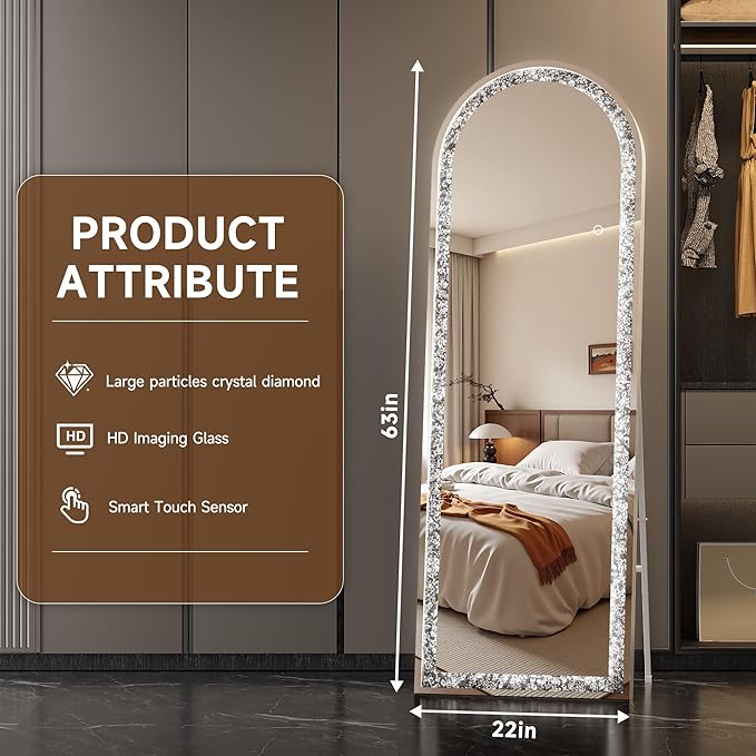 63"×22" Full-Length Mirror with Lights- Arch Crystal Crush Diamond Wall Mounted Hanging Diamond Mirror Leaning for Living Room Bedroom