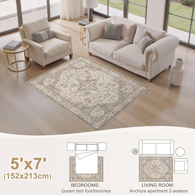 EIEIHOUSE Washable Area Rugs for Living Room - 5x7 Neutral Vintage Distressed Floral Farmhouse Boho Large Soft Floor Rug Indoor Non Slip Carpet for Bedroom Dining Room Office - Brown/Multi
