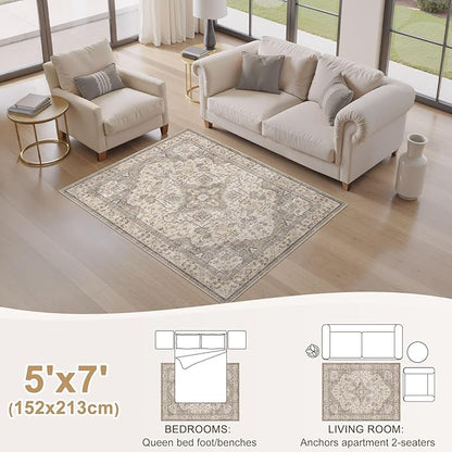 EIEIHOUSE Washable Area Rugs for Living Room - 5x7 Neutral Vintage Distressed Floral Farmhouse Boho Large Soft Floor Rug Indoor Non Slip Carpet for Bedroom Dining Room Office - Brown/Multi
