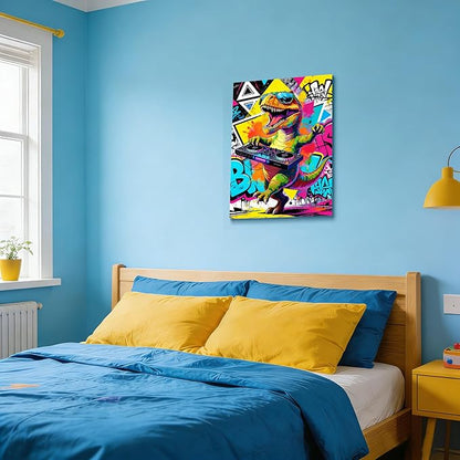 16x24 Inch Graffiti DJ Dinosaur Canvas Wall Art Prints, Colorful Music T-Rex with Turntable & Sunglasses Pop Decor, Vibrant Street Art for Teen Boy Game Room & Living Room, Funny Kids Bedroom Poster