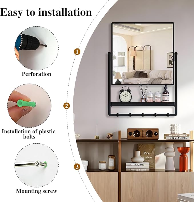 Modern Black Square Wall Mirror with Shelf and Hooks, 21.7 x 29.3 Inch Large Bathroom Mirror with 10° Adjustable Tilt for Entryway, Living Room, Hallway, Bedroom