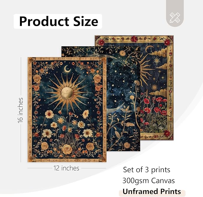 Tocliky Moon Sun Gothic Wall Art Tarot Card Celestial Canvas Poster Witchy Vintage Wall Decor Boho Floral Aesthetic Painting Dark Academia Mystical Astrology Posters for Bedroom 12x16x3 Inch Unframed