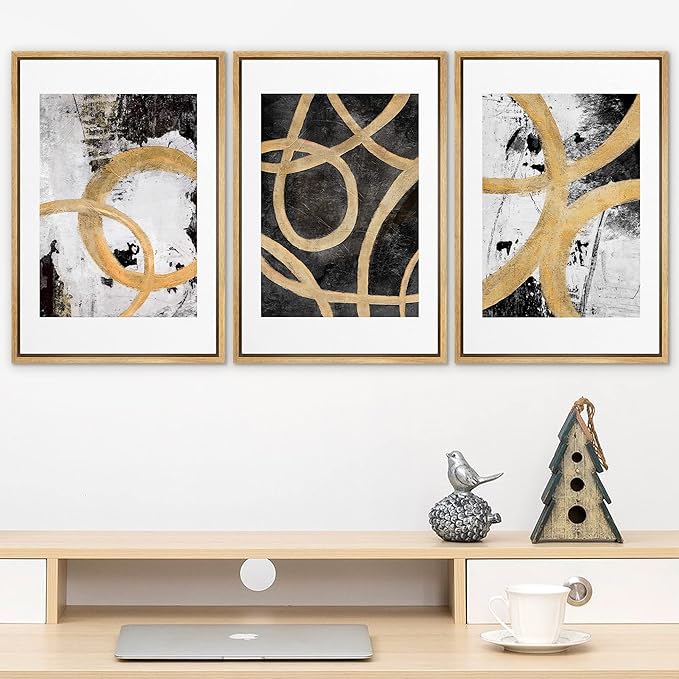 SIGNLEADER Framed Canvas Print Wall Art Set Gold Black Circle Ring Spiral Collage Abstract Shapes Illustrations Modern Art Decorative Contemporary for Living Room, Bedroom, Office - 24"x36"x3 NATURAL