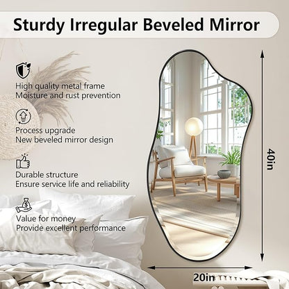 POZINO Irregular Beveled Mirror, 40"x20" Premium Asymmetrical Wall Mirror with Metal Frame, Modern Organic Shaped Mirrors for Living Room Bathroom Bedroom Hallway Entryway, Horizontal/Vertical Hanging