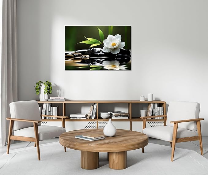 YIOZHAOFH Lotus Flower Wall Art Zen Canvas Inhale Exhale Poster Black Spas Nature Prints Pictures for Meditation Wall Decor Framed Artwork Ready to Hang (16.00" x 24.00")