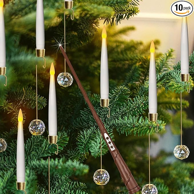 Leejec Christmas Tree Candles with Wand Remote, 10 Pack Battery Operated Flameless Taper Window Candle, Flickering Warm Light, Xmas Tree Decorations with Crystal Ball Hook, Wedding Home Gift