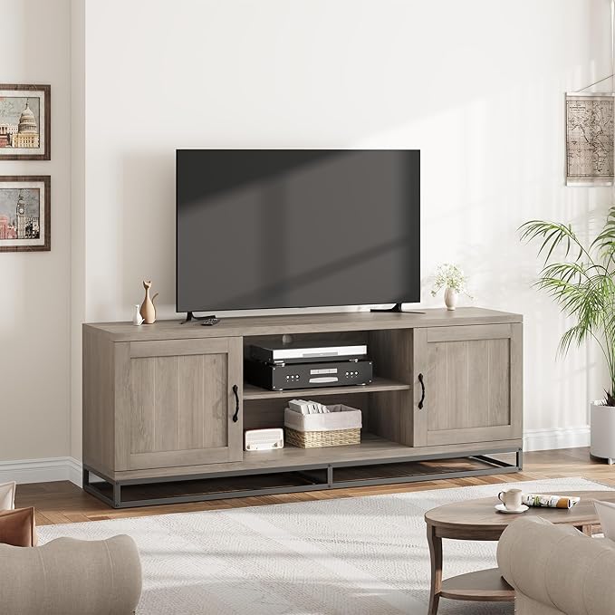 Garvee Farmhouse TV Stand for Living Room, Entertainment Center with 2-Tier Adjustable Shelves & Metal Leg, Wooden TV & Media Console Table for 75 Inch with Storage Compartments, Gray