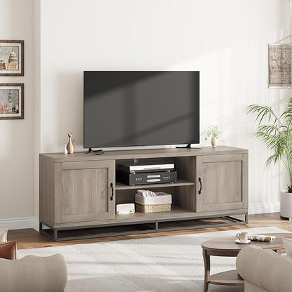 Garvee Farmhouse TV Stand for Living Room, Entertainment Center with 2-Tier Adjustable Shelves & Metal Leg, Wooden TV & Media Console Table for 75 Inch with Storage Compartments, Gray