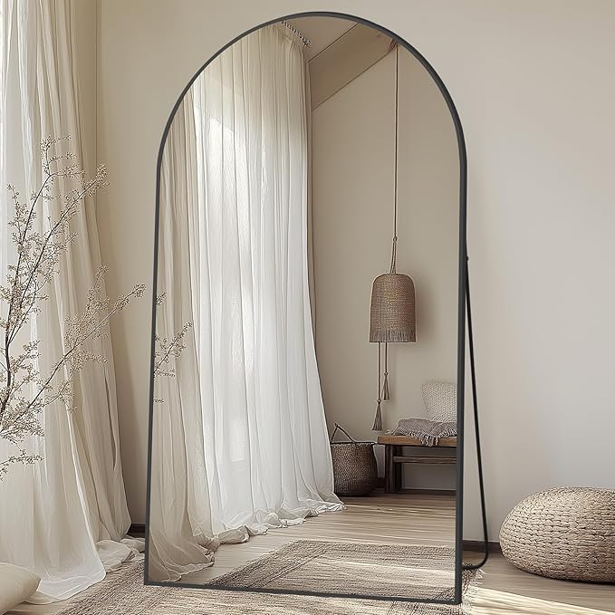 Large Standing Mirror Full Length, 82"X44" Oversized Arched Floor Mirror Black Full Length Mirror with Stand, Hanging or Wall Mounted for Bedroom Living Room Clothing Store Gym, Tempered Glass