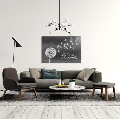 SKASNFAI Black and White Dandelion Zen Wall Art Canvas Just Breathe Motivation Positive Picture Art Print for Spa Yoga Meditation Wall Decor Ready to Hang (20L x 30W)