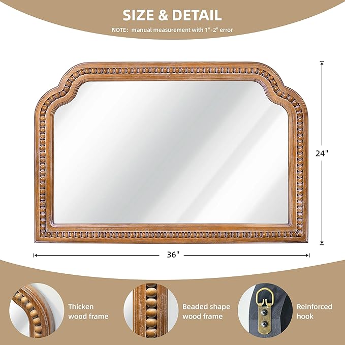 36x24 Inch Farmhouse Arch Wall Mirror, Wood Beaded Framed Decorative Mirrors for Living Room, Bedroom, Vanity, Bathroom, Entryway