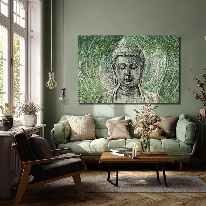 ZENPEE Large Green Buddha Wall Art 32x48 Inch, Zen Canvas Wall Art for Living Room Bedroom, Spiritual Meditation Wall Decor, Buddha Print for Home