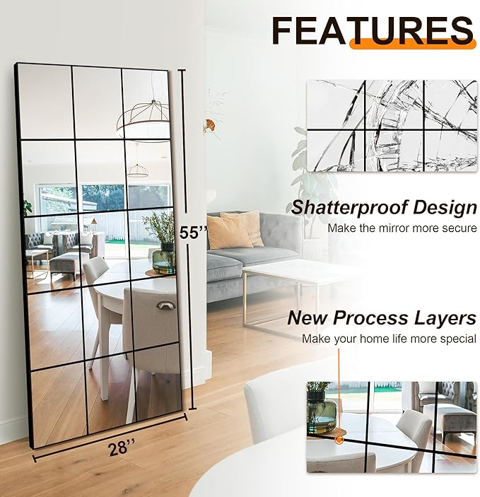 Delma Full Length Mirror, 28"x 55" Window Pane Decorative Mirror for Wall, Black Metal Framed Wall Decor, Wall Mounted, Hanging or Leaning for Bedroom, Living Room, Entryway