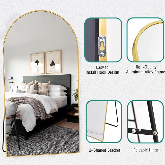 81''x41'' Oversized Full Length Mirrors, Arched Floor Mirror with Stand, Full Body Large Oversized Standing Mirror/Leaning/Hanging Wall Mounted for Living Room, Bedroom, Gold