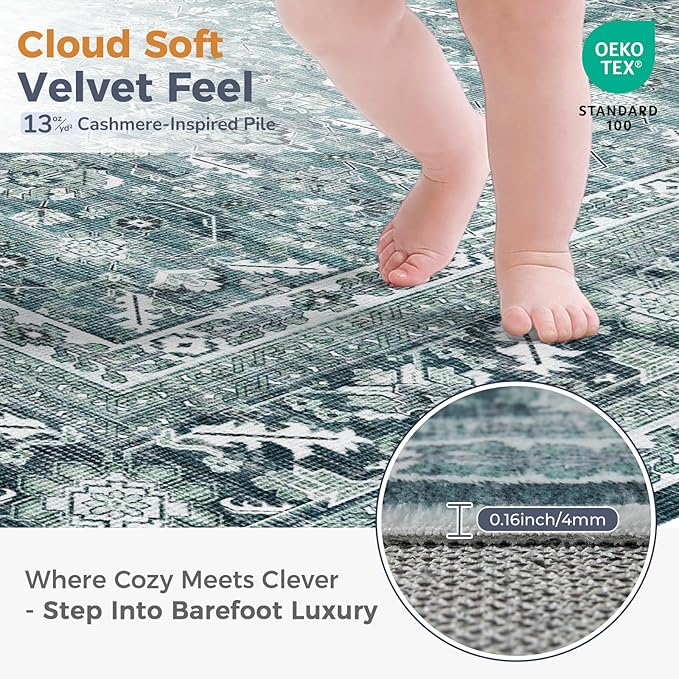 OPPODREAM Vintage Teal Area Rugs 5x7, 5 x 7 Retro Washable Rug Non Slip, Low-Pile Faux Wool Carpet, Distressed Floor Mat for Living Room, Bedroom, Kitchen, Office, Dorm, Dinning Room
