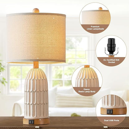 Cinkeda Boho Table Lamps Set of 2, Farmhouse 3-Way Dimmable Touch Nightstand Lamp with 2 USB Charging Ports, White Vintage Bedside Lamp for Bedroom Living Room End Table (Bulbs Included)