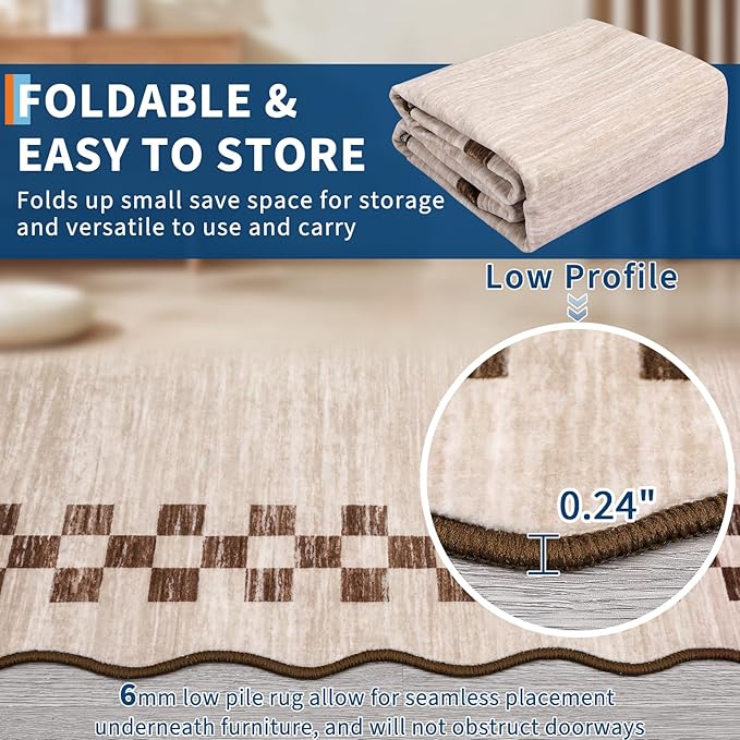 Rug Runners for Hallways 2x8 Washable Kitchen Runner Rug Non Slip Low Pile Bedside Throw Carpet Modern Bordered Bathroom Runners Checkered Area Rug for Living Room Bedroom Entryway Nursery, Beige
