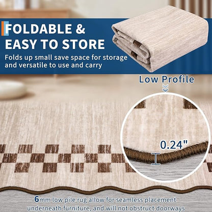 Rug Runners for Hallways 2x8 Washable Kitchen Runner Rug Non Slip Low Pile Bedside Throw Carpet Modern Bordered Bathroom Runners Checkered Area Rug for Living Room Bedroom Entryway Nursery, Beige