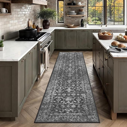 2x8 Black Runner Rug Hallway Washable Area Rugs Kitchen Vintage Boho Non Slip Long Rug Floral Carpet Indoor Retro Soft Low Pile Throw Rug for Bedroom Bathroom Laundry Dining Living Room Office