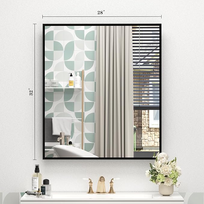 28" x 32" Matte Black Framed Bathroom Mirror for Wall, Rectangular Beveled Vanity Mirror with Aluminum Alloy Frame, Right Angle Corner, HD Reflection, Horizontal or Vertical Mount