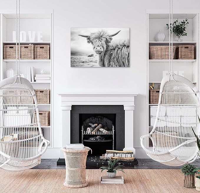 Black and White Cow Bull Yak Canvas Picture Wall Decor Farmhouse Highland Cow Decor Bathroom Picture Wall Art Framed for Home Office (24x36 inch)