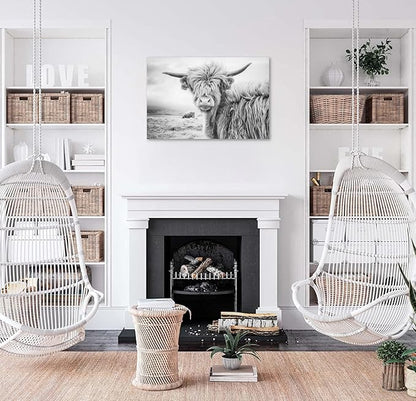 Black and White Cow Bull Yak Canvas Picture Wall Decor Farmhouse Highland Cow Decor Bathroom Picture Wall Art Framed for Home Office (24x36 inch)
