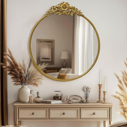 Vintage Round Mirror, 28" Baroque Style Circular Mirror, Antique Metal Frame Wall Mirror, Traditional Art Home Decor for Dressing Table, Bathroom or Bedroom,Retro Gold
