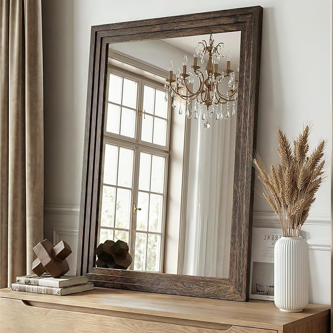 Wood Framed Mirrors for Wall, Brown Bathroom Vanity Mirror for Over Sink 26 x 38, Rustic Wall Mirror for Bathroom Sink Hallway Entryway Bedroom Living Room Farmhouse Boho Style
