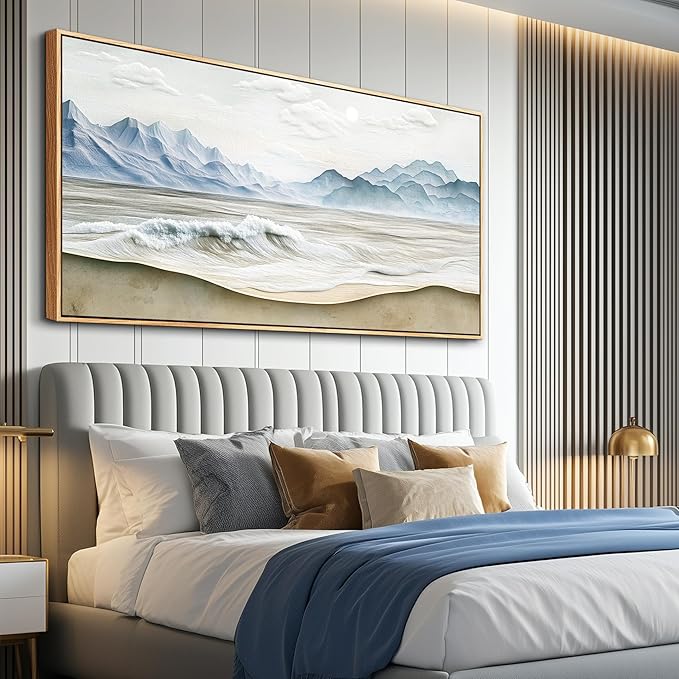 Wapluam Large Framed Canavs Wall Art,Ocean Wall Decor Living Room,Modern Nature Coastal Landscape Painting, Above Bed Beach Wall Art, Sea Waves Pictures Artwork for Bedroom Bathroom home office 30x60