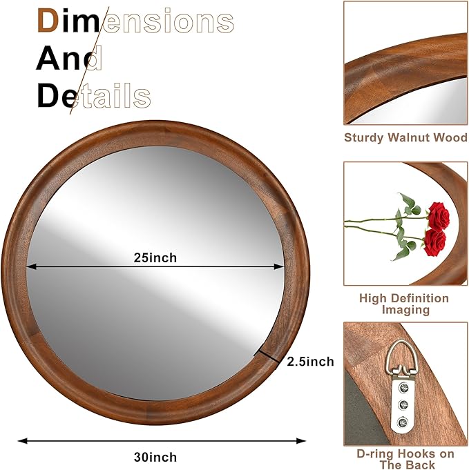CULER Round Wall Mirrors 30 Inch,Wood Rustic Decorative Transitional Mirror with Walnut Frame for Wall,Farmhouse Hanging Vanity Mirror for Bathroom Bedroom Living Room or Entryway（Rustic Brown）