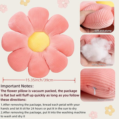 2 Pcs Flower Pillow Decorative Throw Pillows for Bed Couch Sofa Chair, 15.35" Cute Aesthetic Daisy Shaped Throw Pillows Floor Cushions for Bedroom Room Dorm Classroom (White, Orange Pink, 15.35 Inch)