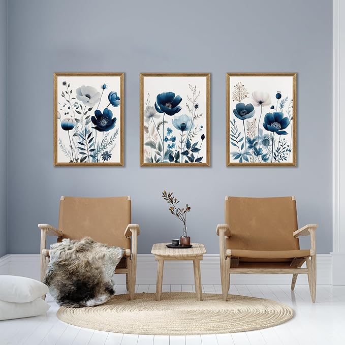 DUWQU 3 Pcs Blue Floral Canvas Wall Art, Wood Framed Navy Blue Wildflower Lily Daisy Wall Decor, Watercolor Botanical Flower Home Poster Art Prints for Living Room Bedroom Bathroom 12×16 Inches