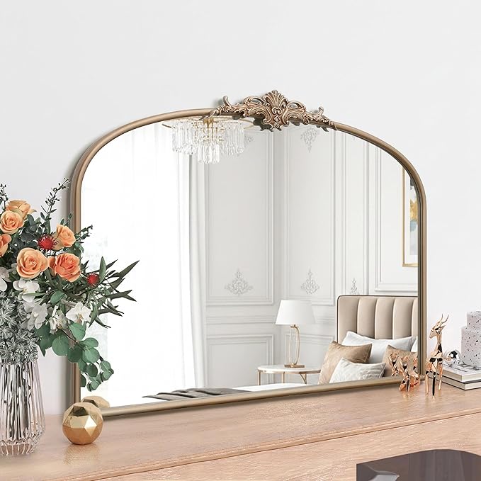 Besdomus Arched Vintage Gold Mirror: 40"x29" French Large Champagne Gold Antique Wall Vanity Mirror - Baroque Traditional Ornate for Fireplace/Bathroom/Living Room - Home Decor for Fashion-Conscious