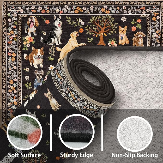 Black Floral Dog Rug for Entryway, 2x3 Washable Kitchen Mat Ultra-Thin Soft, Non-Slip Indoor Door Carpet Stain Resistant Boho Small Low-Pile Throw for Bathroom Bedroom (2 x 3, Black)