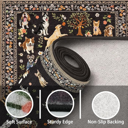 Black Floral Dog Rug for Entryway, 2x3 Washable Kitchen Mat Ultra-Thin Soft, Non-Slip Indoor Door Carpet Stain Resistant Boho Small Low-Pile Throw for Bathroom Bedroom (2 x 3, Black)