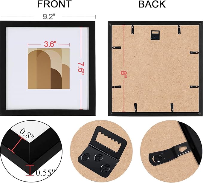 HEART ART 8x8 Black Picture Frame Set of 9,Display Pictures 4x4 with Mat or 8 x 8 without Mat,Multi Collage Gallery Square Photo Frames for Wall or Tabletop