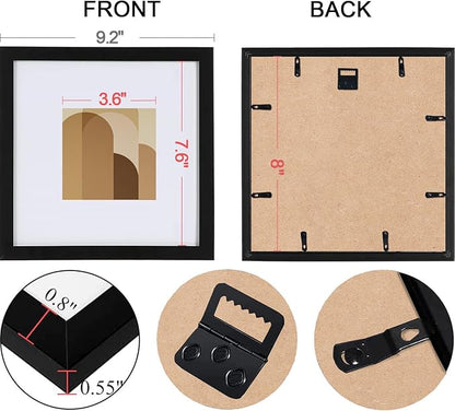 HEART ART 8x8 Black Picture Frame Set of 9,Display Pictures 4x4 with Mat or 8 x 8 without Mat,Multi Collage Gallery Square Photo Frames for Wall or Tabletop