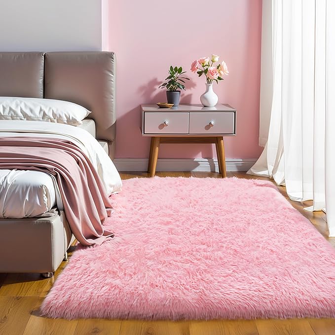 KICHOWUA Thick Area Rug 5x8 Pink Fluffy Fuzzy for Girls Bedroom, Washable Plush Pastel Big Rugs for Living Room, Modern Soft Shag Shaggy Furry Thickened Toddler Nursery Kids Dorm Room Carpet