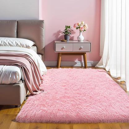 KICHOWUA Thick Area Rug 5x8 Pink Fluffy Fuzzy for Girls Bedroom, Washable Plush Pastel Big Rugs for Living Room, Modern Soft Shag Shaggy Furry Thickened Toddler Nursery Kids Dorm Room Carpet