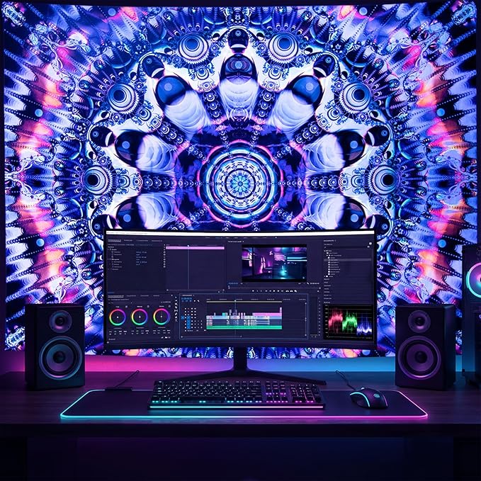 PRRPRR Blacklight Trippy Mandala Tapestry - UV Reactive Glow in the Dark Wall Hanging, Neon Psychedelic Boho Posters for Bedroom, Aesthetic Dorm Room Decor, Party Backdrop (59"x51")