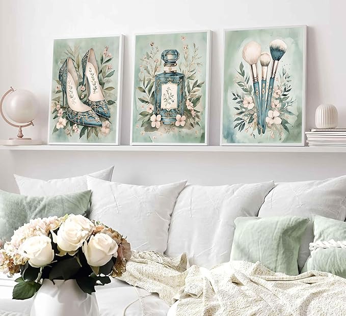 3Pcs Fashion Teen Girls Bedroom Wall Art Perfume Makeup Brushes High Heel Canvas Painting Green Watercolor Botanical Flowers Wall Decor Coquette Preppy Posters Prints for Girl Dorm Pictures Unframed