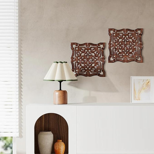Wall Panels for Living Room & Bedroom – Hand-Carved Decorative Wood Wall Art Set of 6, 12x12" Natural Burnt Finish, Rustic Home Décor,Elegant Decorative Wall Art for Home & Office