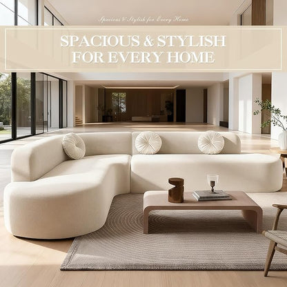 Deep Seat Curved Sectional Sofa - Cloud Round Couch with Elegant Curved Design & 3 Round Cushions, L-Shaped Comfy 4 Seater Floor Sofa, No Assembly Required (Beige)