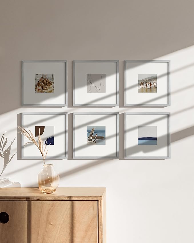 HAUS AND HUES 10x10 Silver Metal Picture Frames Matted to 5x5 - Premium Aluminum with Hanging Hardware, Shatterproof Plexiglass - Ideal for Home or Office (10x10 in, Silver, Set of 6)