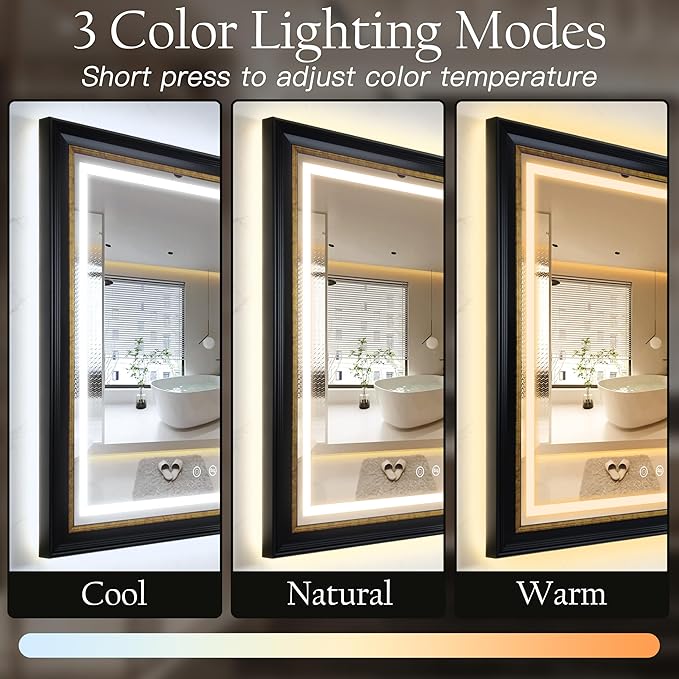 ROLOVE 23x33 Inch Antique Black and Gold Mirror for Wall, Lighted Vintage Mirrors for Bathroom with Anti-Fog, Waterproof Frame, Shatterproof Glass, Ornate Baroque Mirror for Entryway & Powder Room