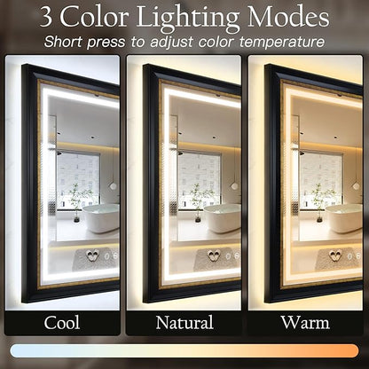 ROLOVE 23x33 Inch Antique Black and Gold Mirror for Wall, Lighted Vintage Mirrors for Bathroom with Anti-Fog, Waterproof Frame, Shatterproof Glass, Ornate Baroque Mirror for Entryway & Powder Room