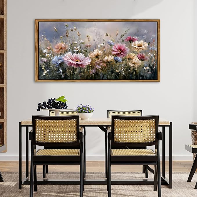 Vintage Framed Canvas Wall Art Pink Wildflower Picture for Living Room Extra Large Countryside Medow Scenery Painting Print Modern Artwork Farmhouse Abstract Flower Poster Office Home Decoration 35x70