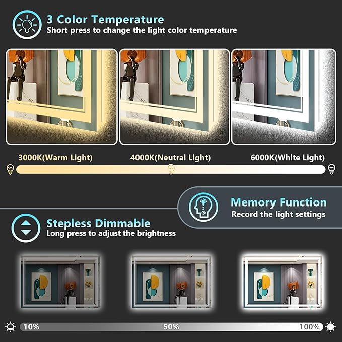 48x32 LED Bathroom Mirror with Lights, Backlit and Front Lit Anti-Fog Lighted Vanity Mirrors for Bathroom Wall, Dimmable, 3-Color Light, Memory, Shatter-Proof, HD Tempered Glass, CRI＞90