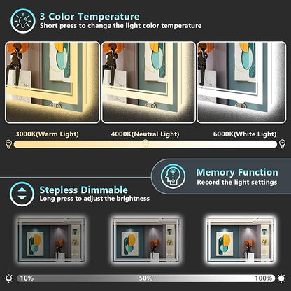 48x30 LED Bathroom Mirror with Lights, Backlit and Front Lit Anti-Fog Lighted Vanity Mirrors for Bathroom Wall, Dimmable, 3-Color Light, Memory, Shatter-Proof, HD Tempered Glass, CRI＞90
